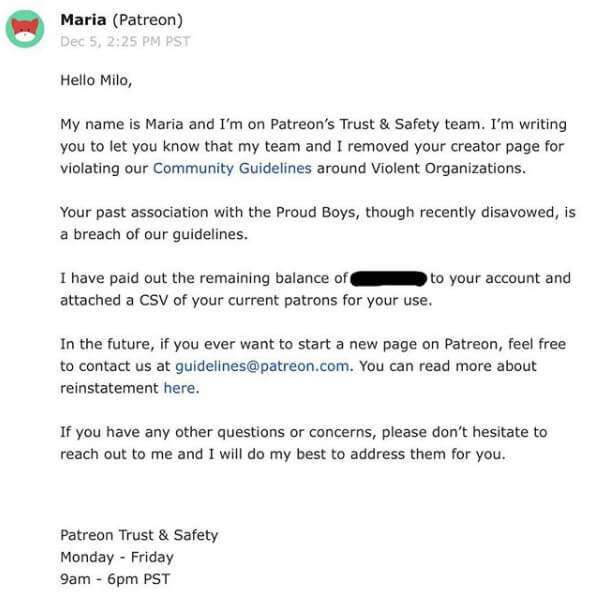 Milo&rsquo;s Ban Notice From Patreon